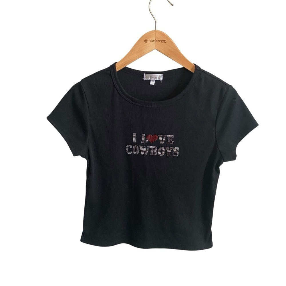 I Love Cowboys Black Crew Neck Rhinestone Bling Ribbed Baby Tee Size XL